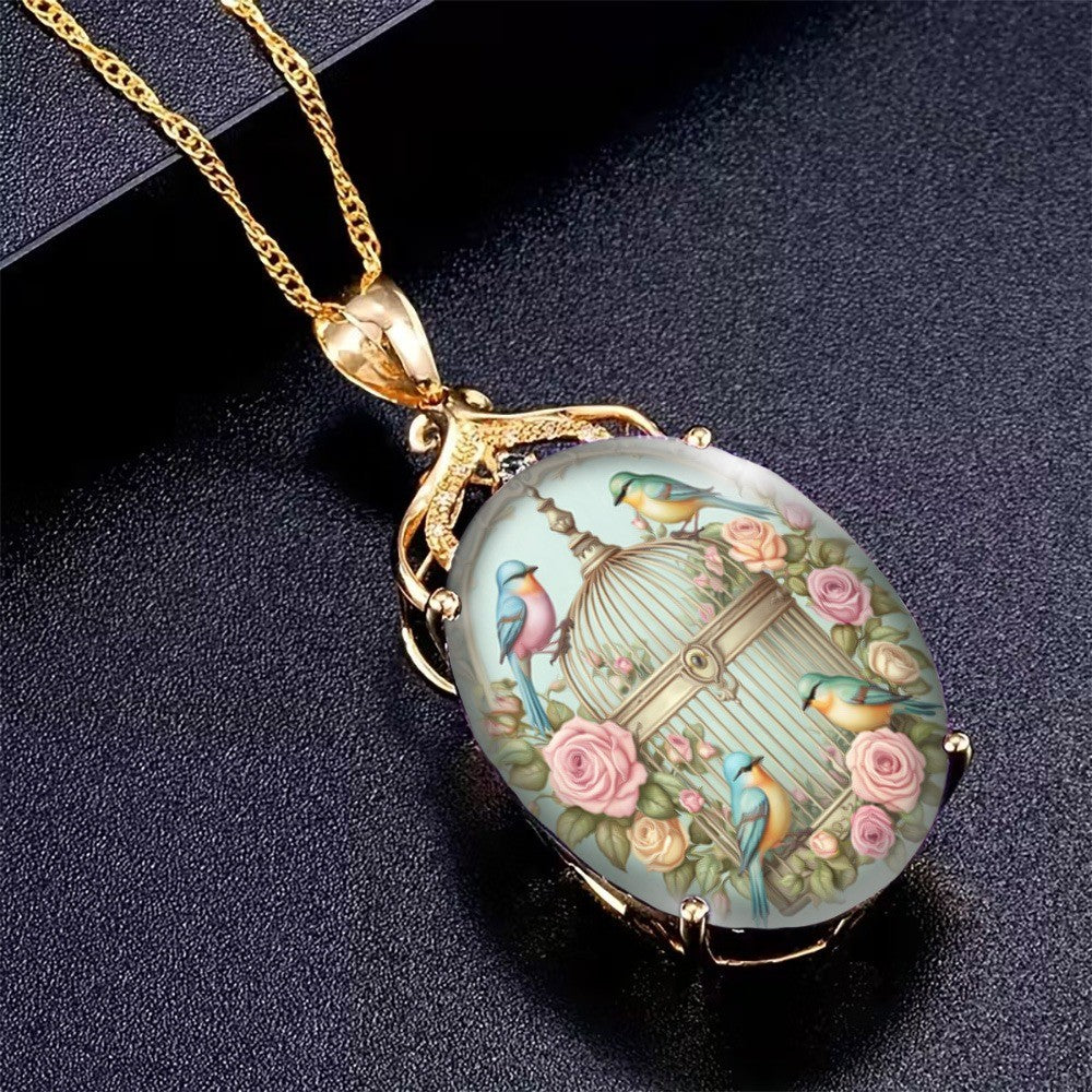 Birdcage & Rose Oval Pendant Necklace