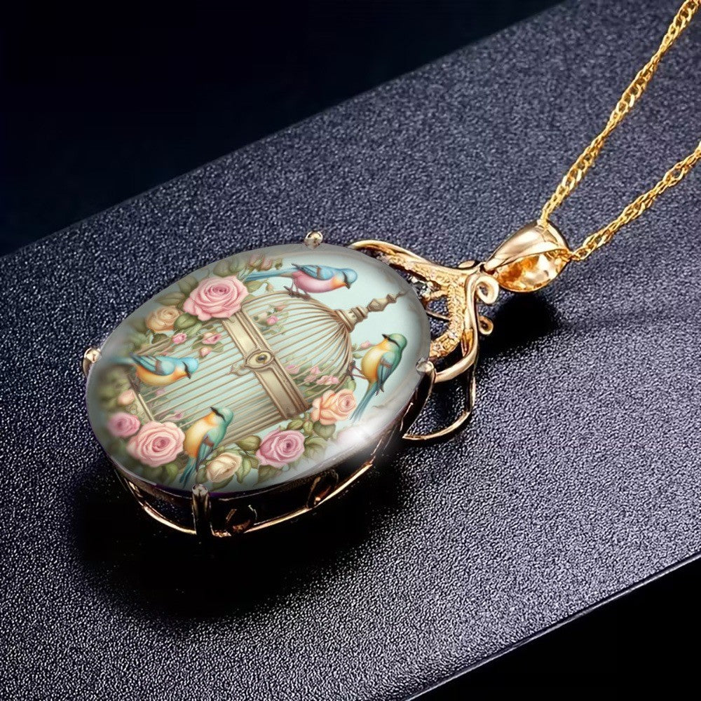 Birdcage & Rose Oval Pendant Necklace