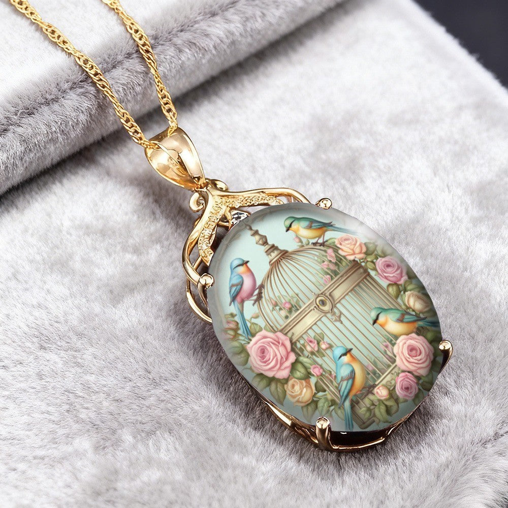 Birdcage & Rose Oval Pendant Necklace