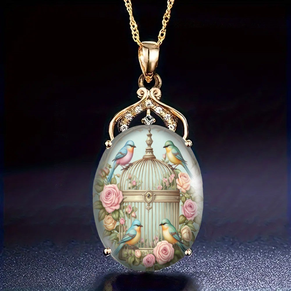 Birdcage & Rose Oval Pendant Necklace