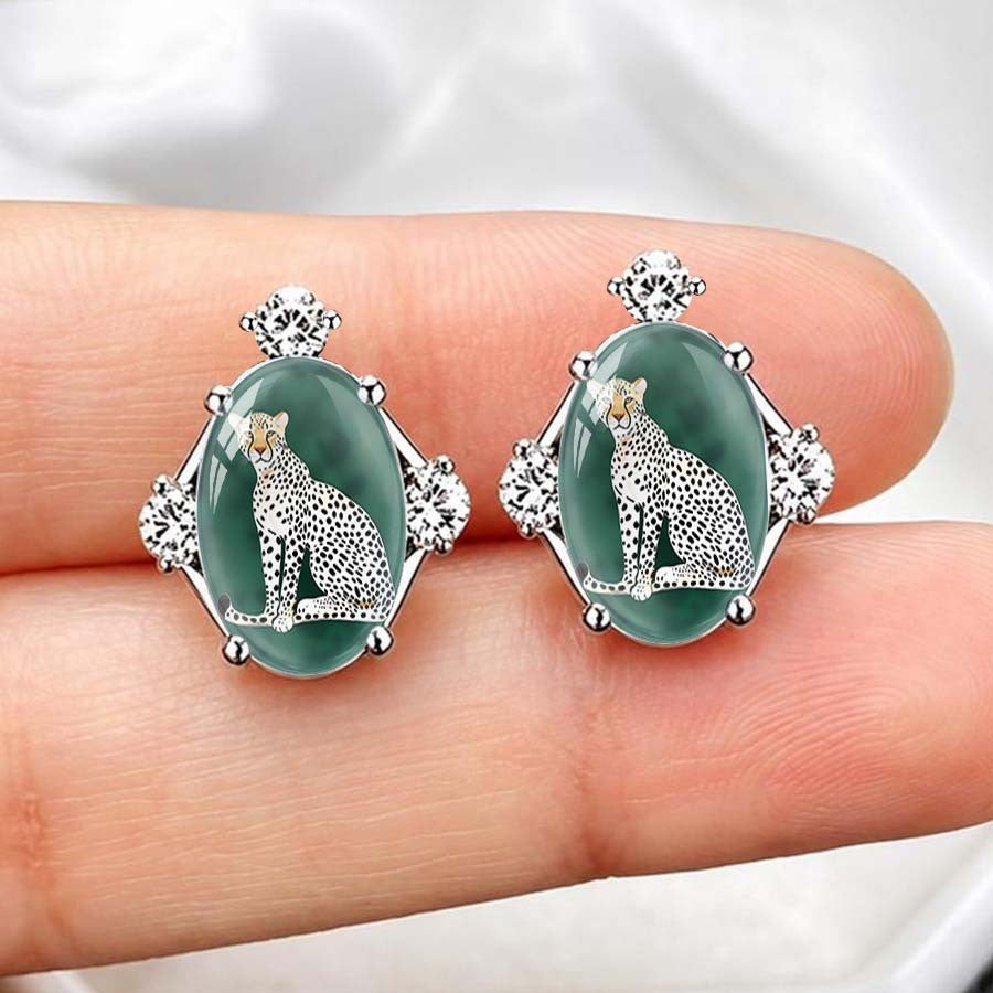 Green Cheetah Oval Stud Earrings