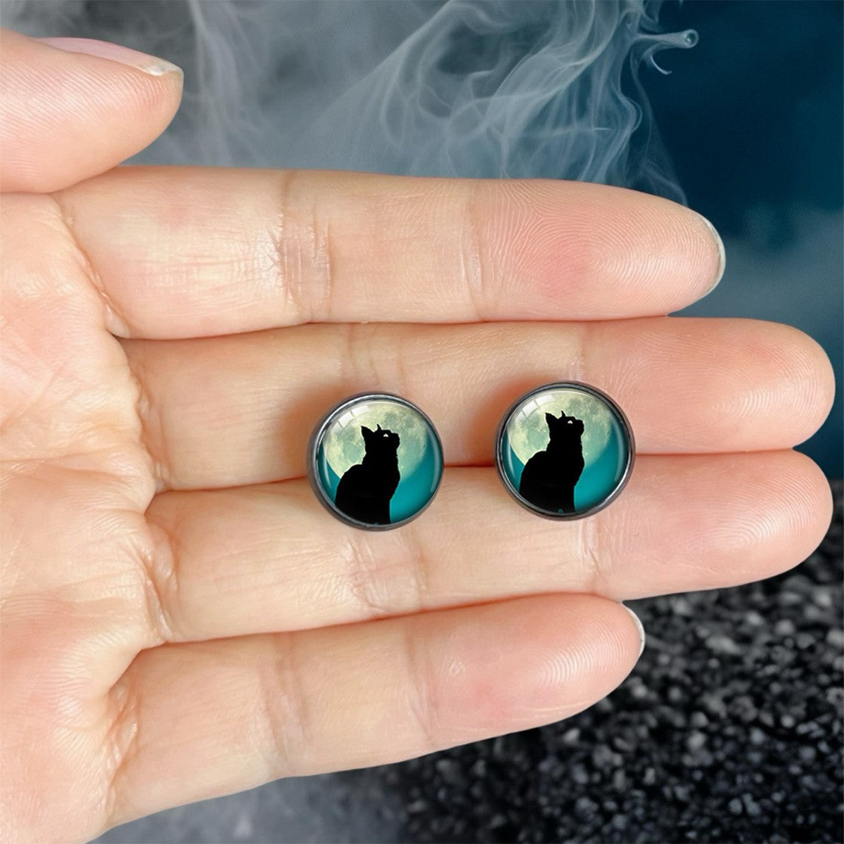 Moonlit Cat Silhouette Stud Earrings