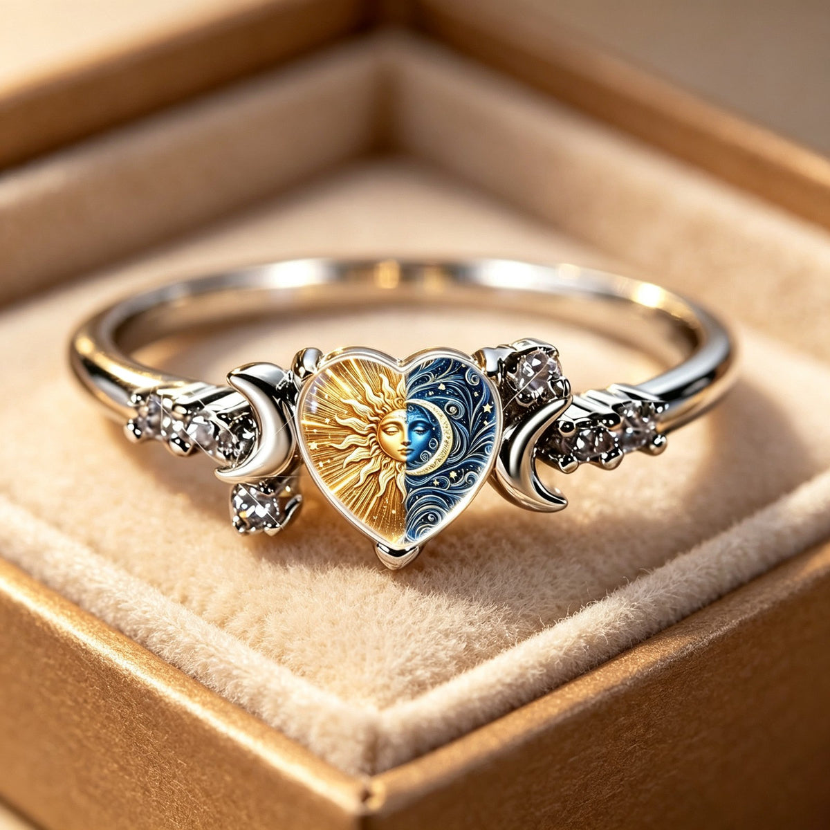 Rhinestone Celestial Sun & Moon Heart Ring