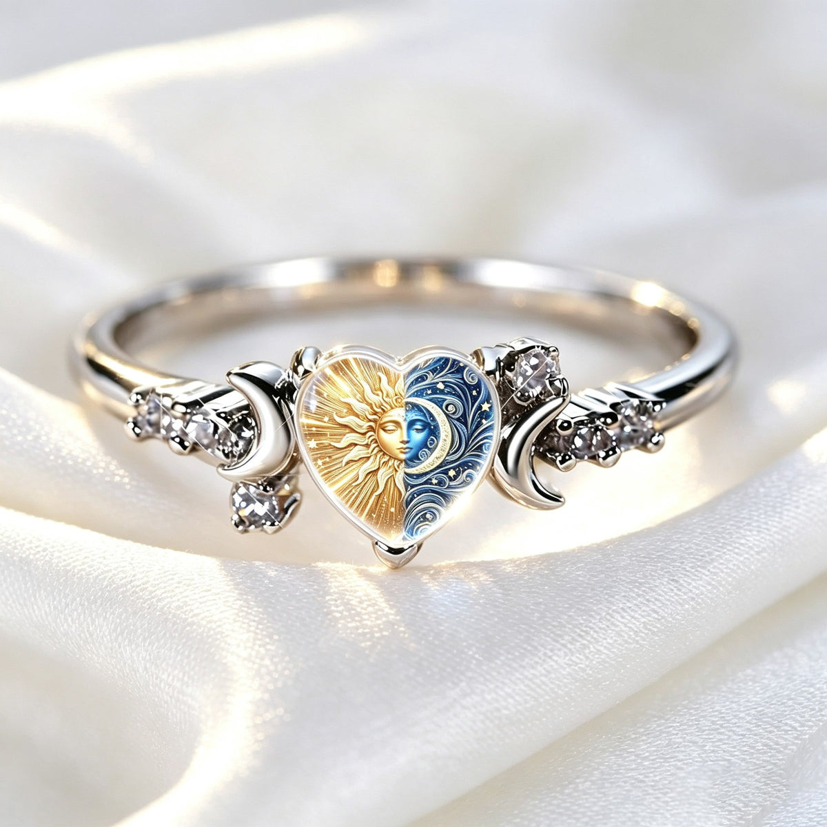 Rhinestone Celestial Sun & Moon Heart Ring