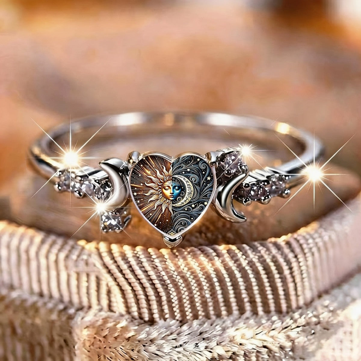 Rhinestone Celestial Sun & Moon Heart Ring