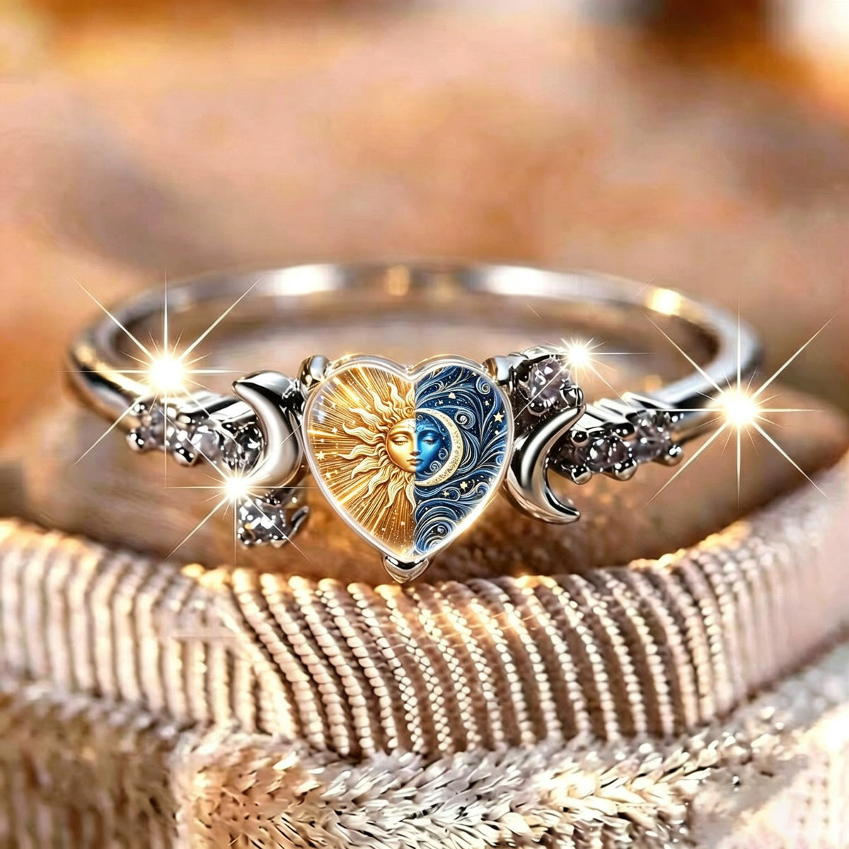 Rhinestone Celestial Sun & Moon Heart Ring