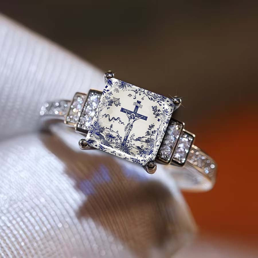Blue Floral Cross Square Ring