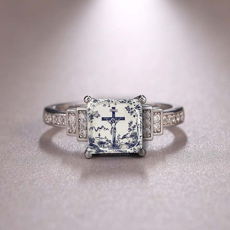 Blue Floral Cross Square Ring