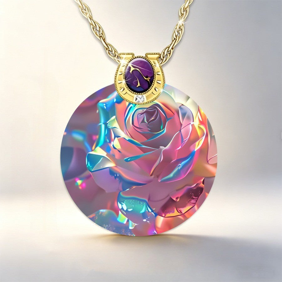 Holographic Rose Disc Necklace