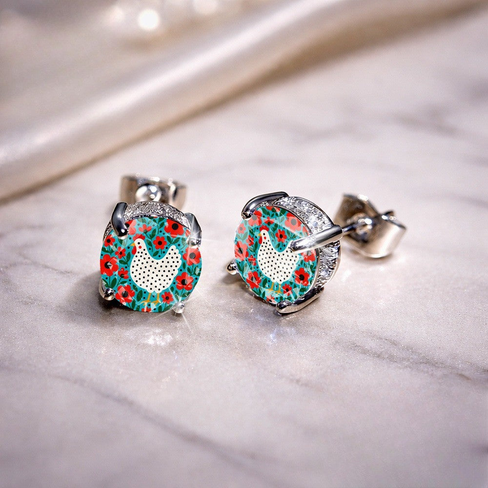 White Hen Floral Dome Stud Earrings