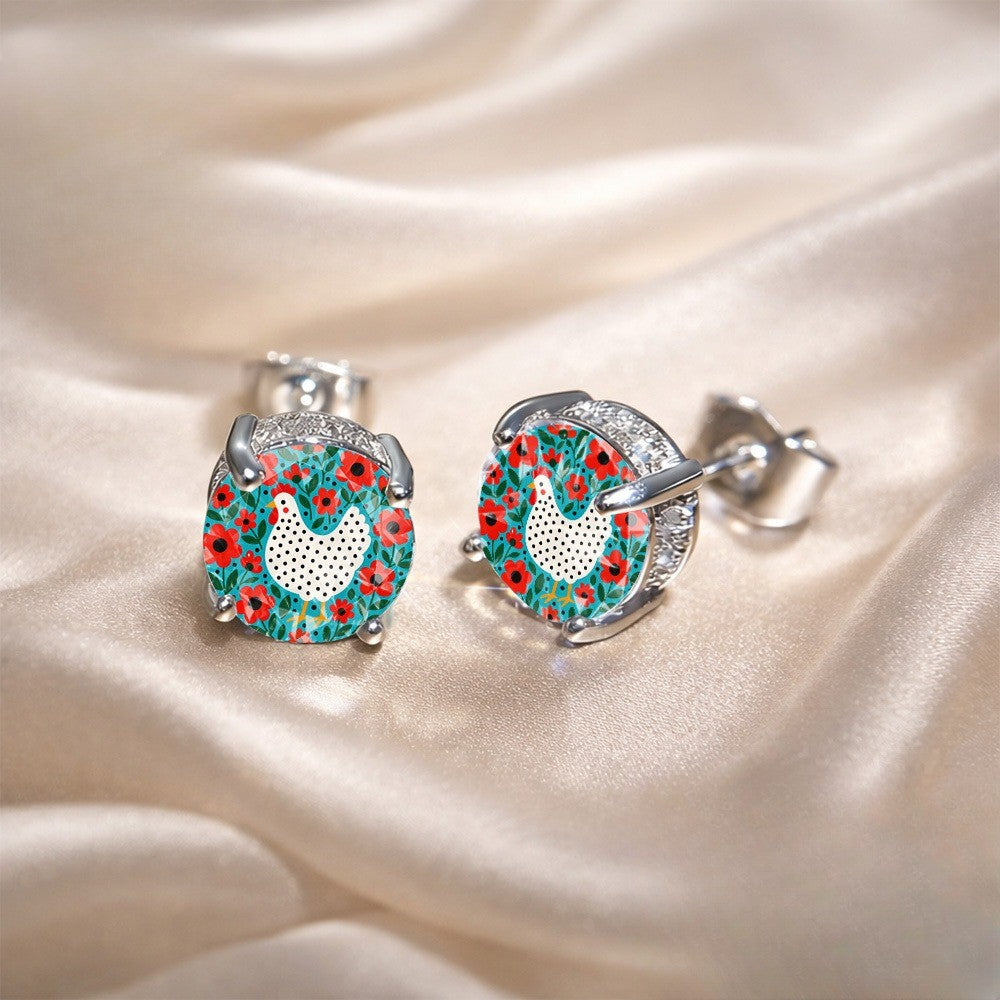 White Hen Floral Dome Stud Earrings