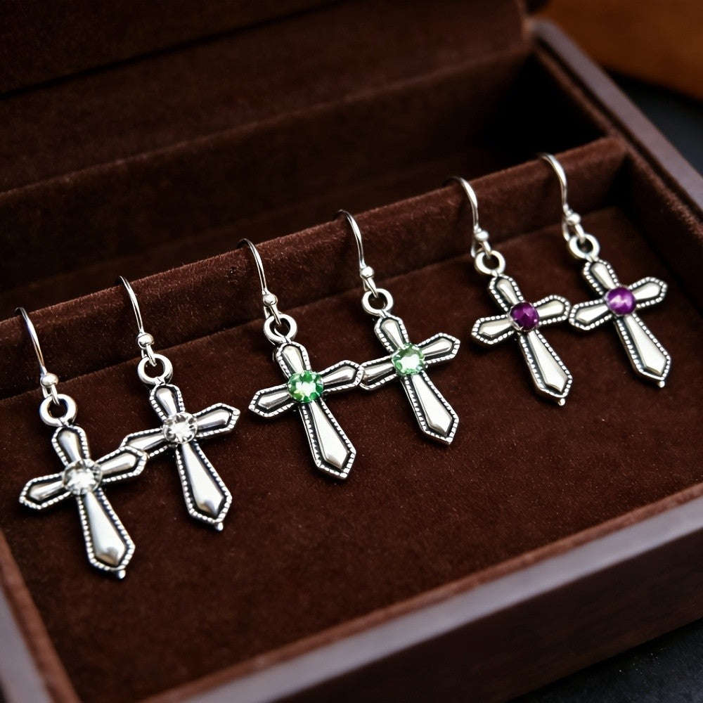 Purple Stone Cross Earrings