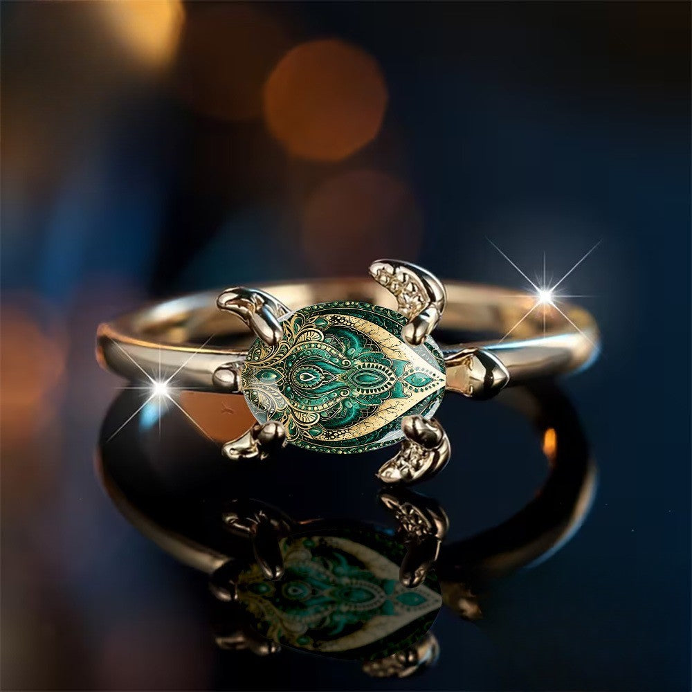 Green Mandala Turtle Ring