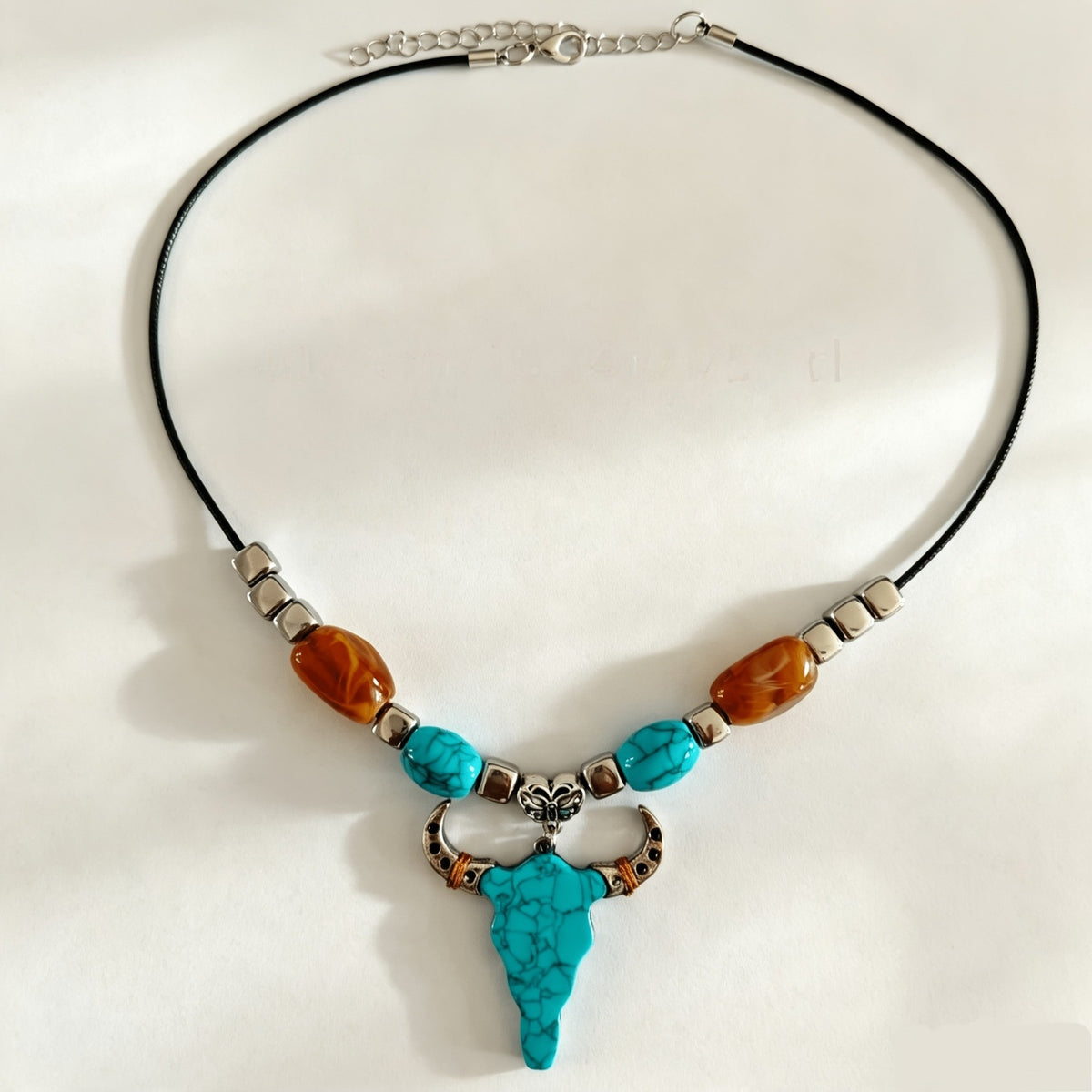 Turquoise Bull Head & Amber Bead Necklace