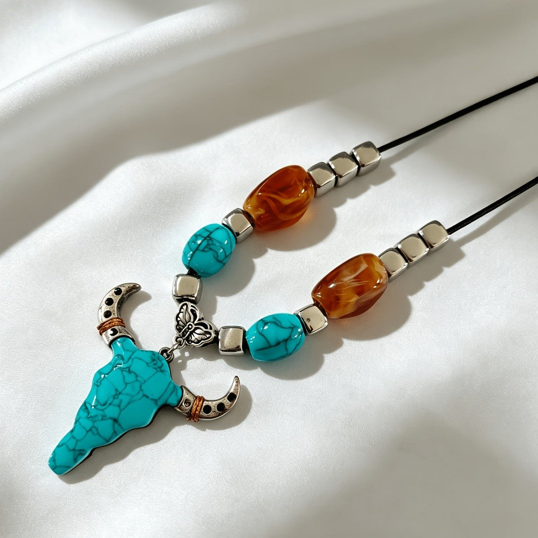 Turquoise Bull Head & Amber Bead Necklace