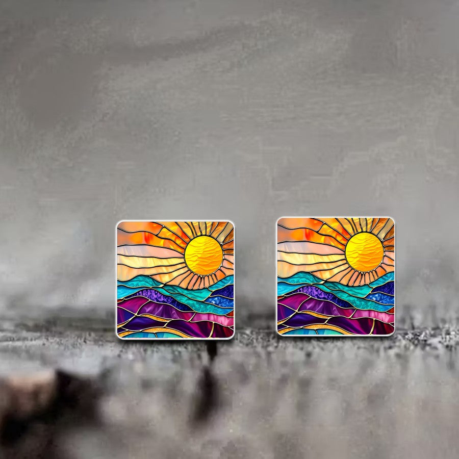 Stained Glass Sun Square Stud Earrings