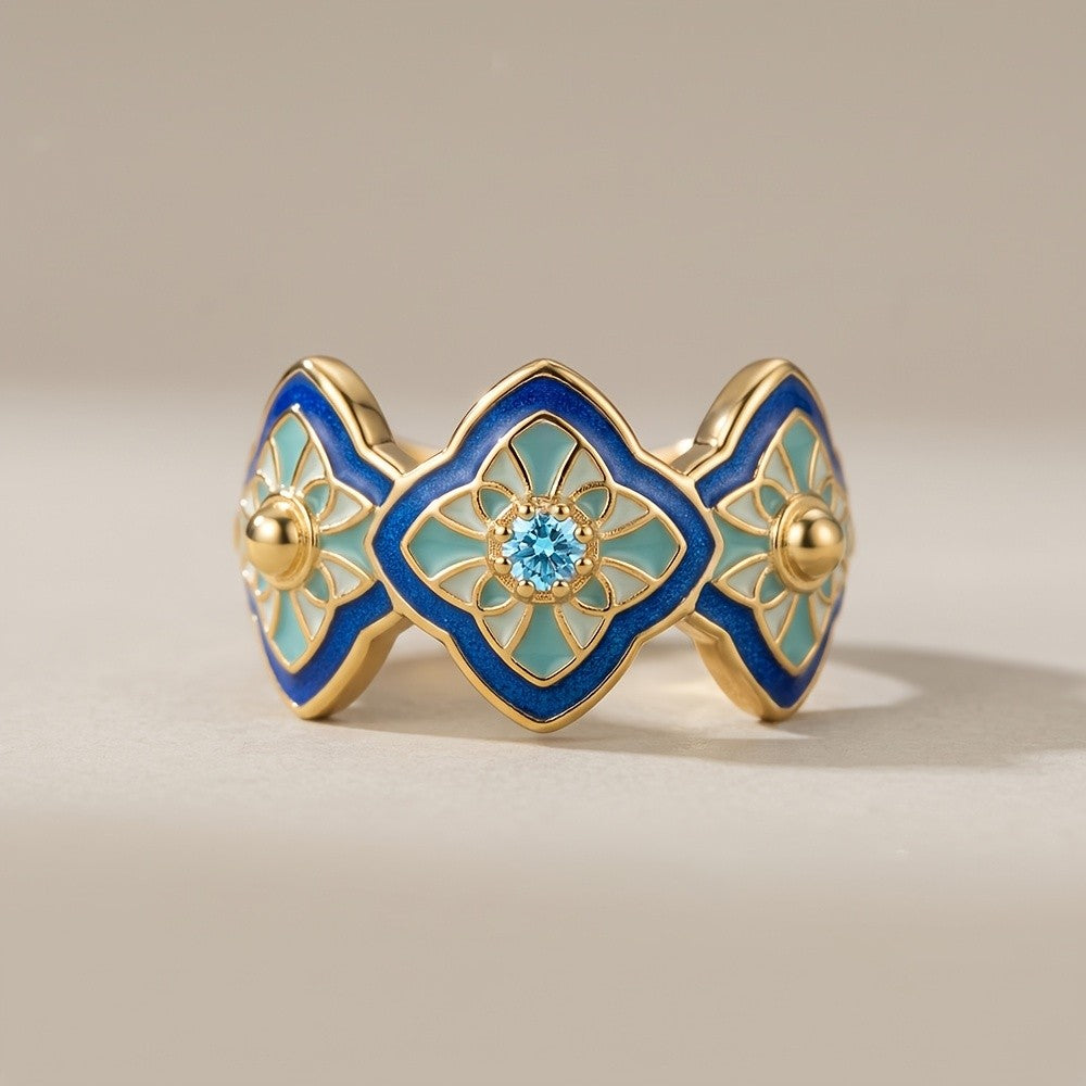 Blue Enamel Floral Trio Ring