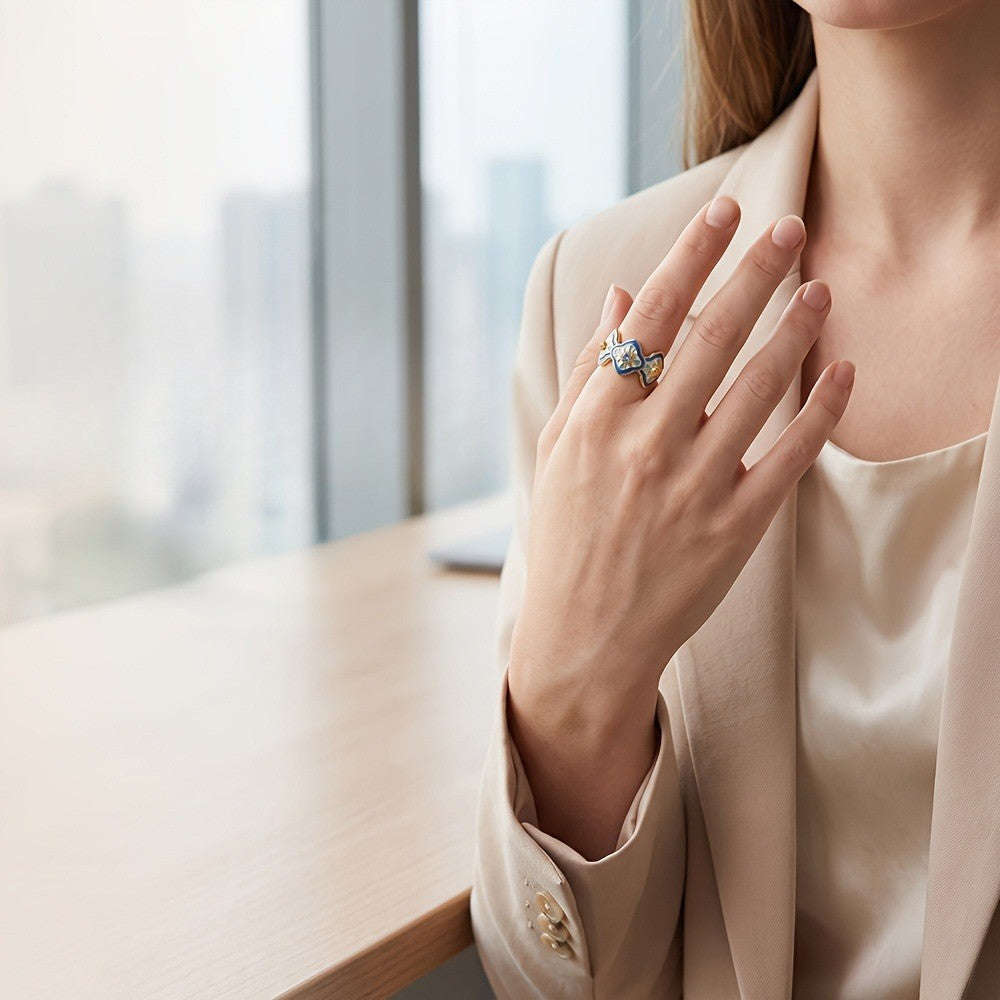 Blue Enamel Floral Trio Ring