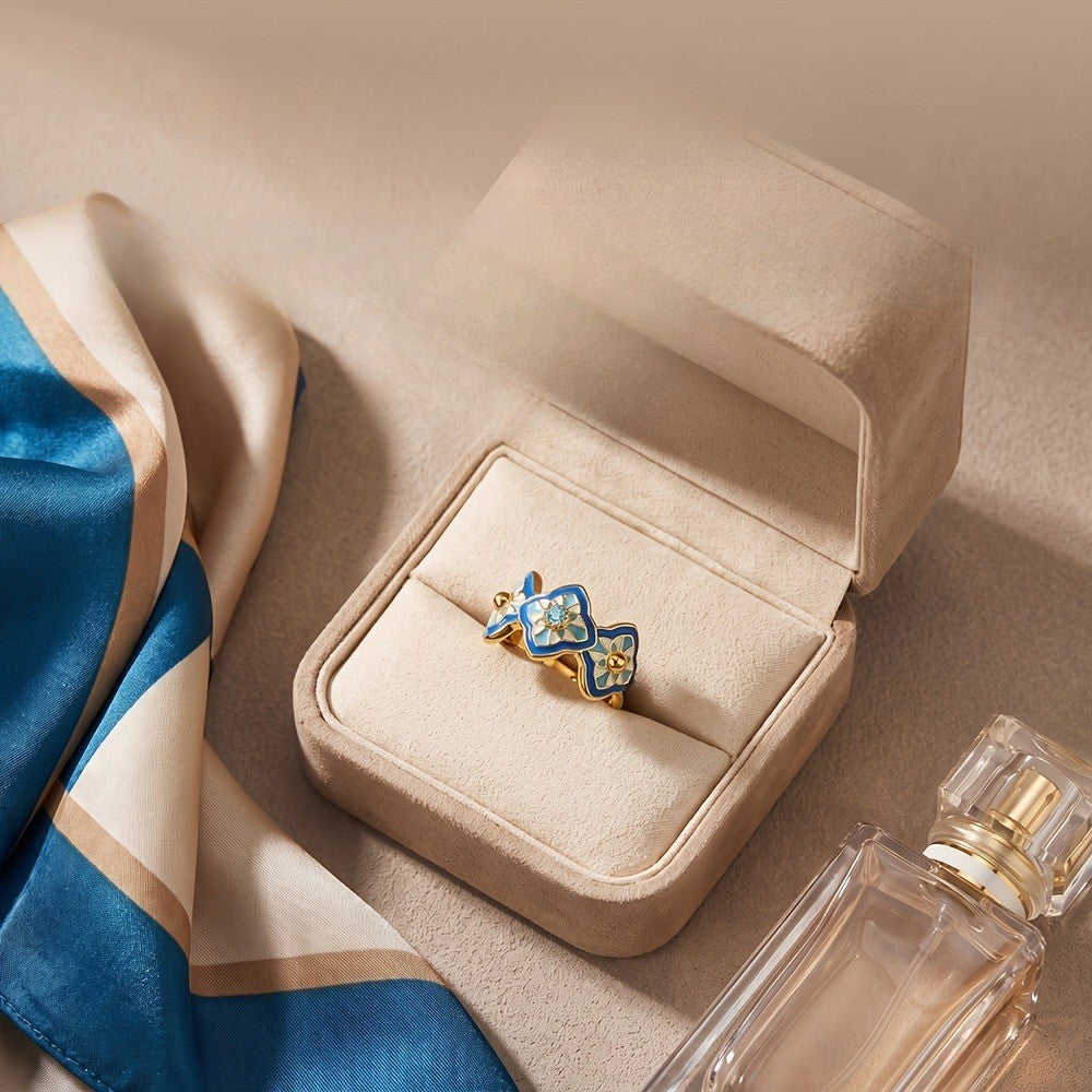 Blue Enamel Floral Trio Ring