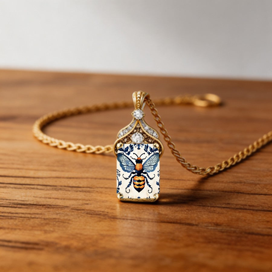 Ornate Bee Square Pendant Necklace