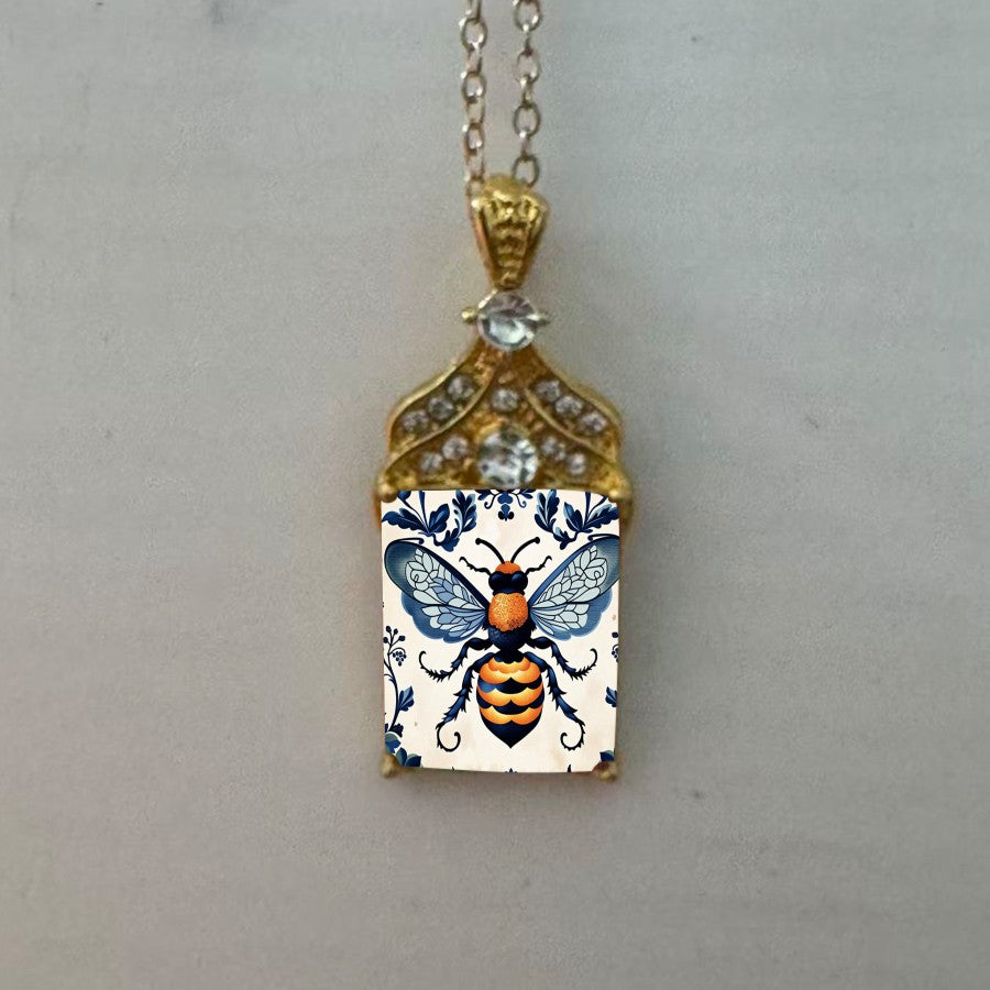 Ornate Bee Square Pendant Necklace