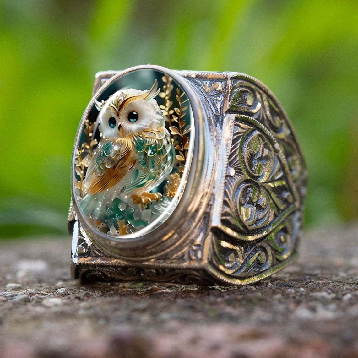 Vintage Owl Glass Dome Ring