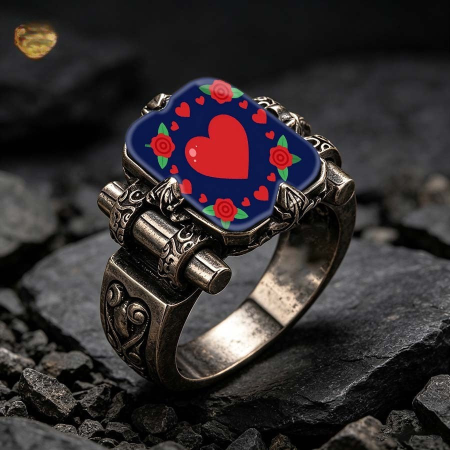 Navy Heart & Rose Square Ring