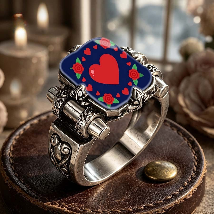 Navy Heart & Rose Square Ring