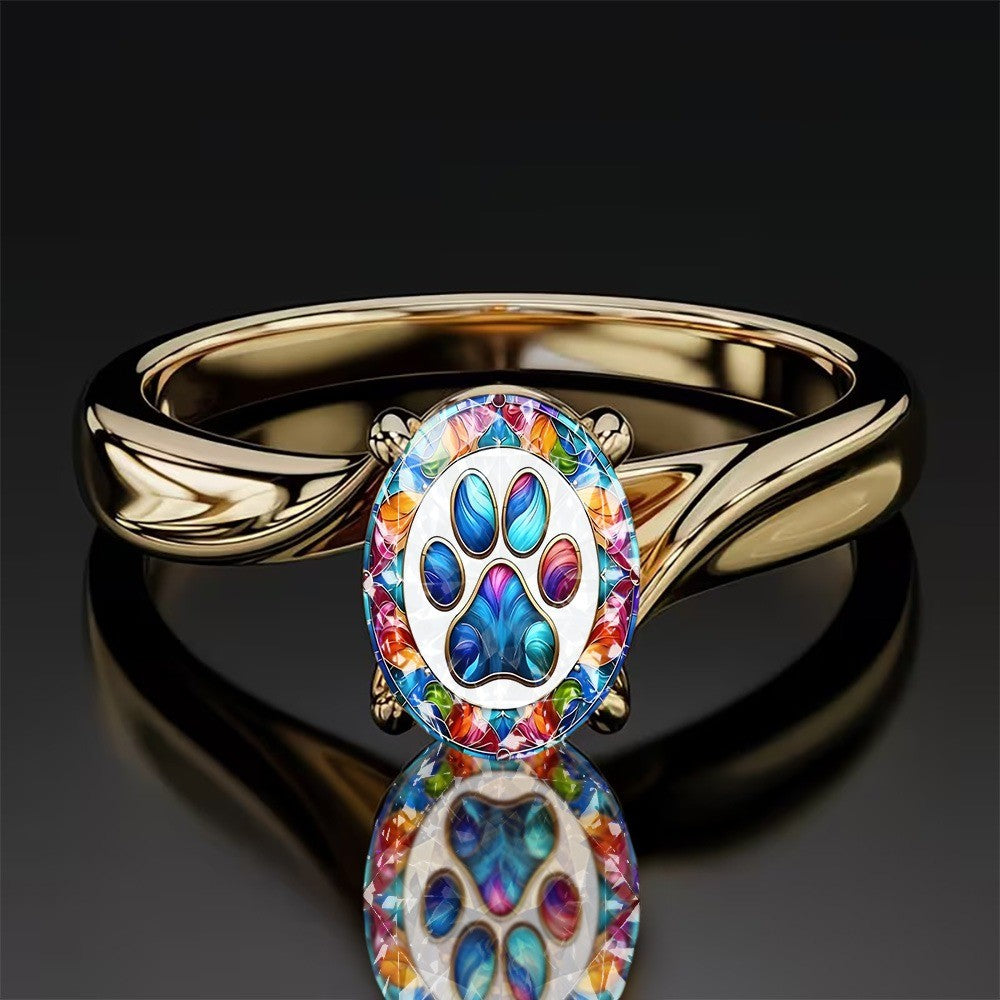 Colorful Paw Print Oval Ring