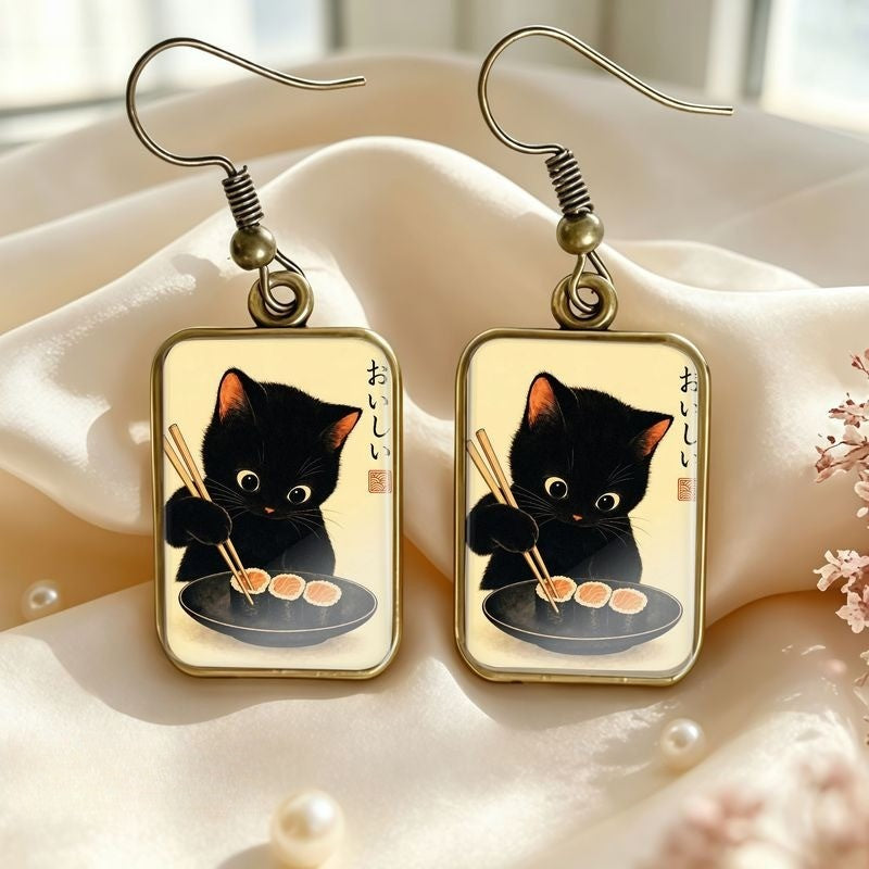 Black Cat Sushi Rectangle Earrings