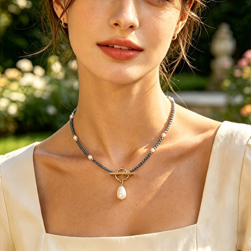Glass Bead Pearl Drop Necklace