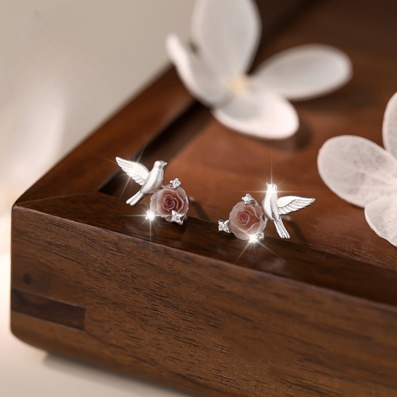 Bird & Rose Stud Earrings
