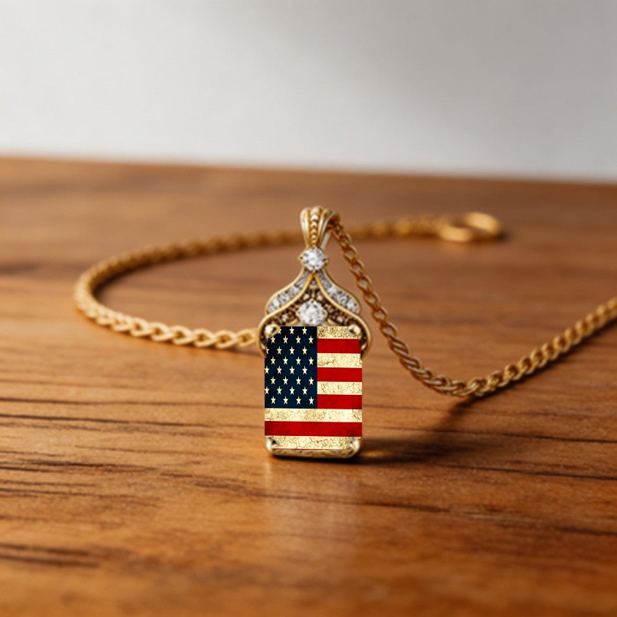 Vintage American Flag Crystal Pendant Necklace