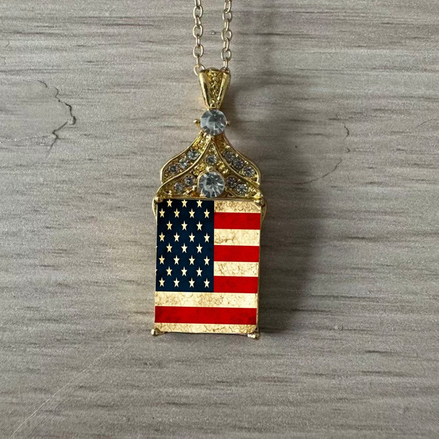 Vintage American Flag Crystal Pendant Necklace