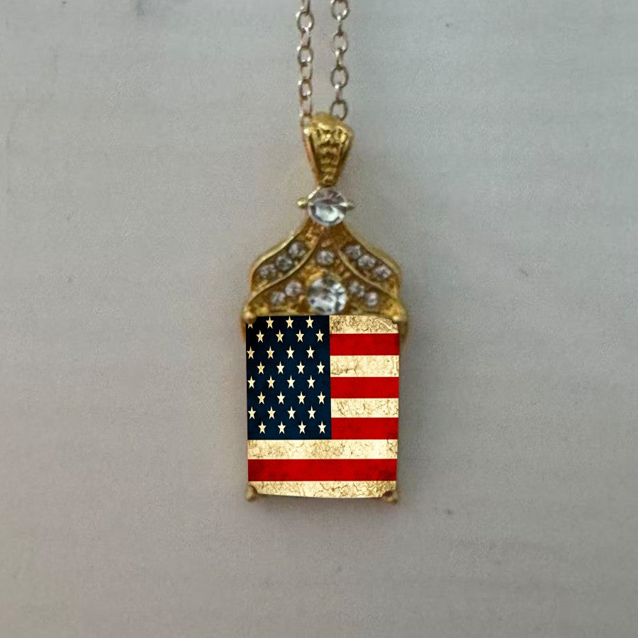 Vintage American Flag Crystal Pendant Necklace