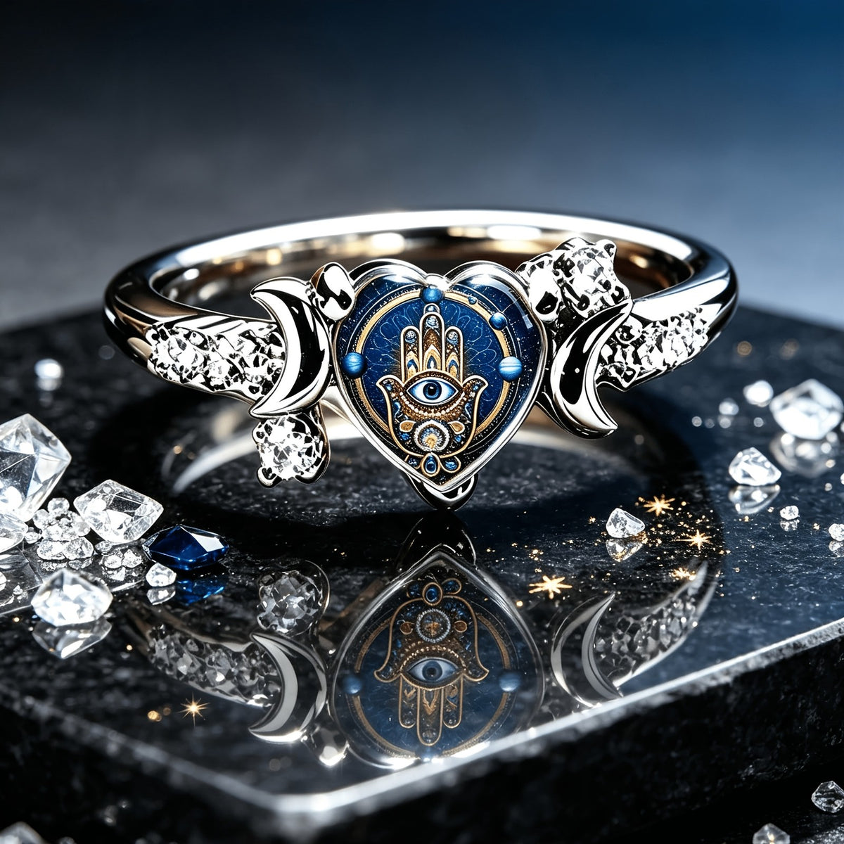 Blue Hamsa Heart Ring