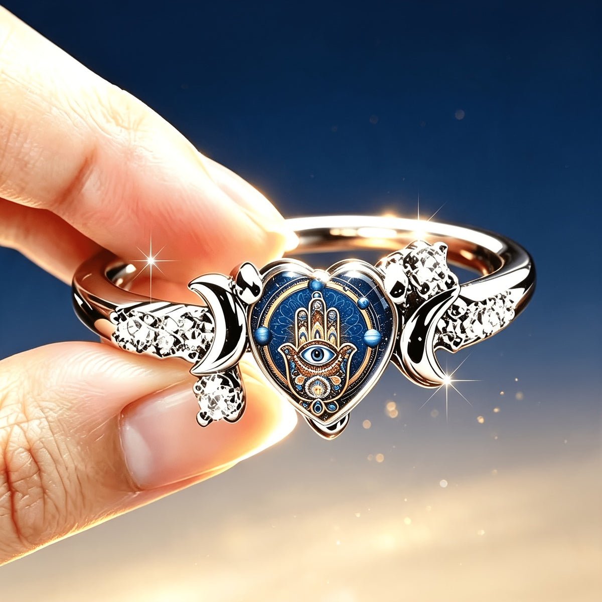 Blue Hamsa Heart Ring