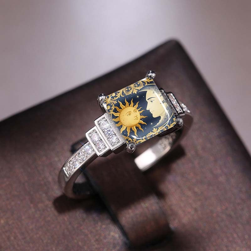 Sun & Moon Face Square Ring