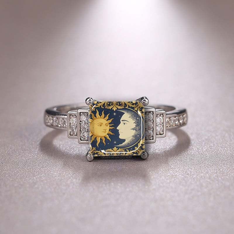 Sun & Moon Face Square Ring