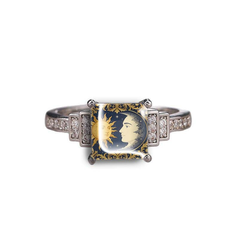Sun & Moon Face Square Ring