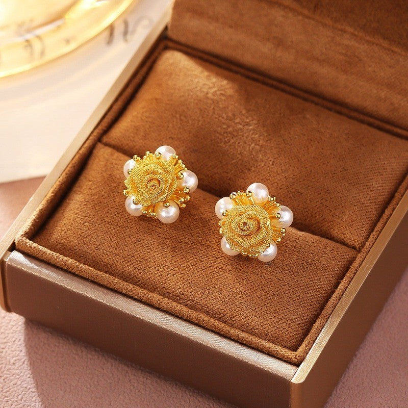 Yellow Rose Pearl Stud Earrings