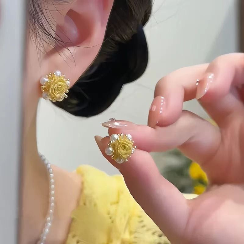 Yellow Rose Pearl Stud Earrings
