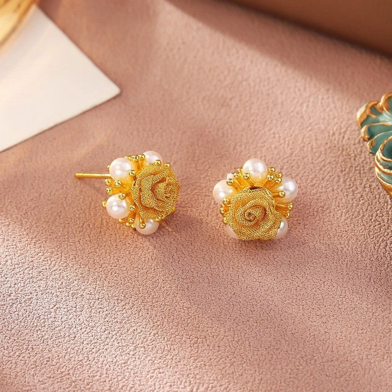 Yellow Rose Pearl Stud Earrings