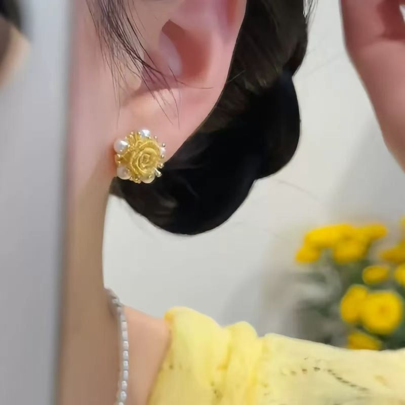 Yellow Rose Pearl Stud Earrings