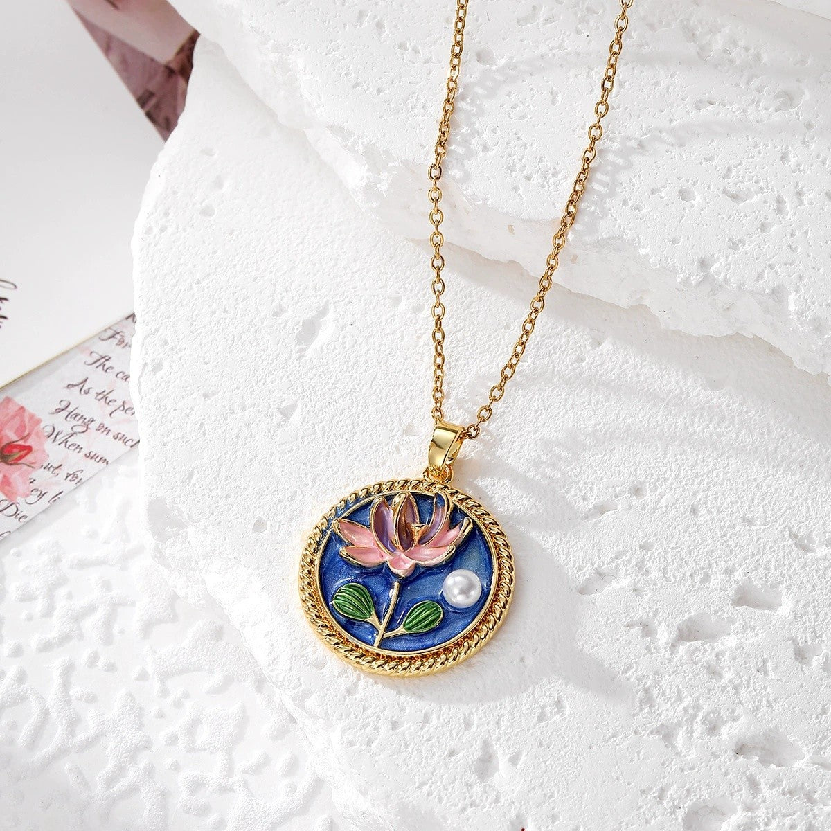 Enamel Floral Pearl Pendant Necklace