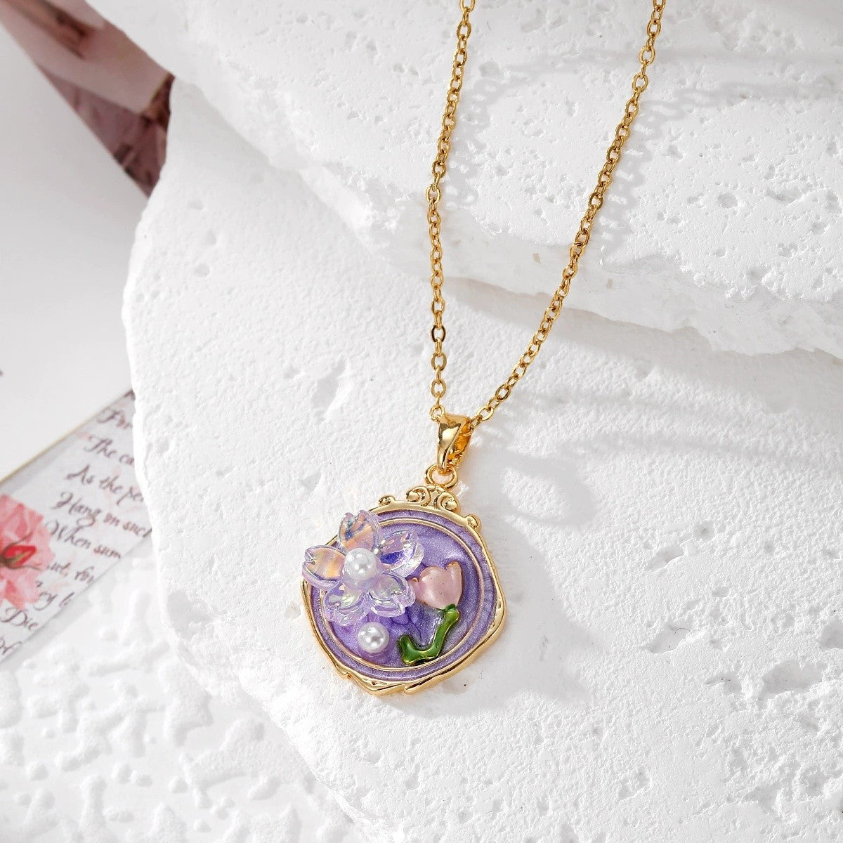 Enamel Floral Pearl Pendant Necklace