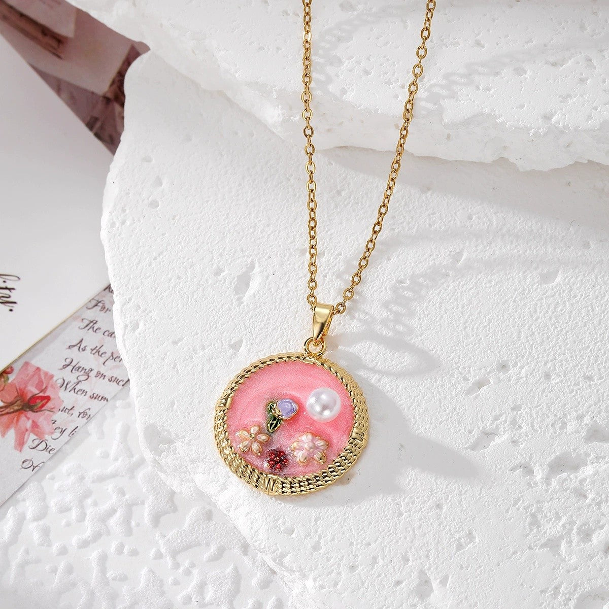 Enamel Floral Pearl Pendant Necklace