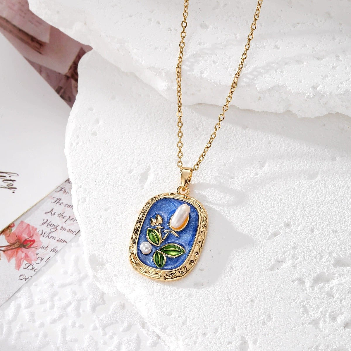 Enamel Floral Pearl Pendant Necklace