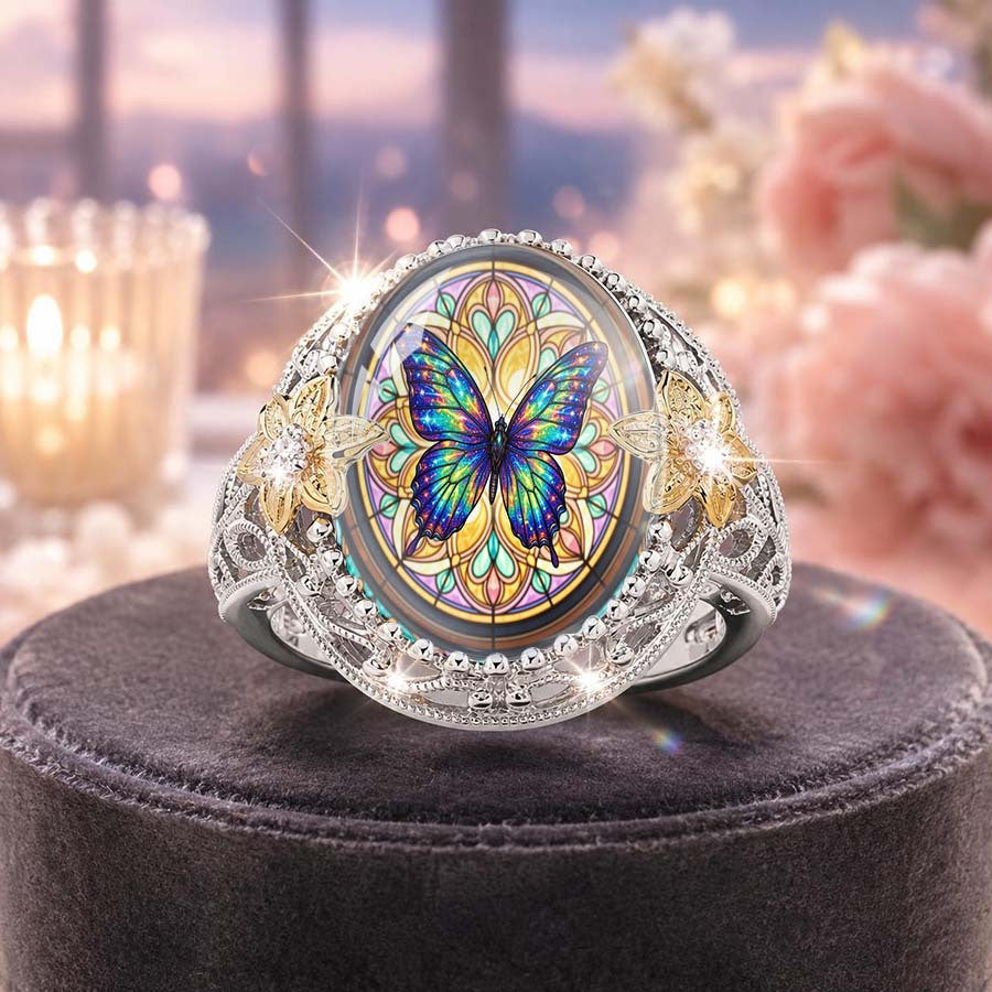 Iridescent Butterfly Stained Glass Ring