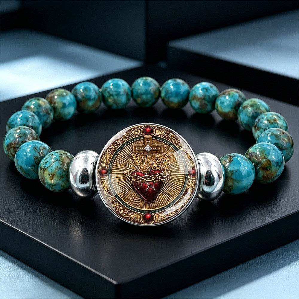 Sacred Heart Turquoise Bead Bracelet